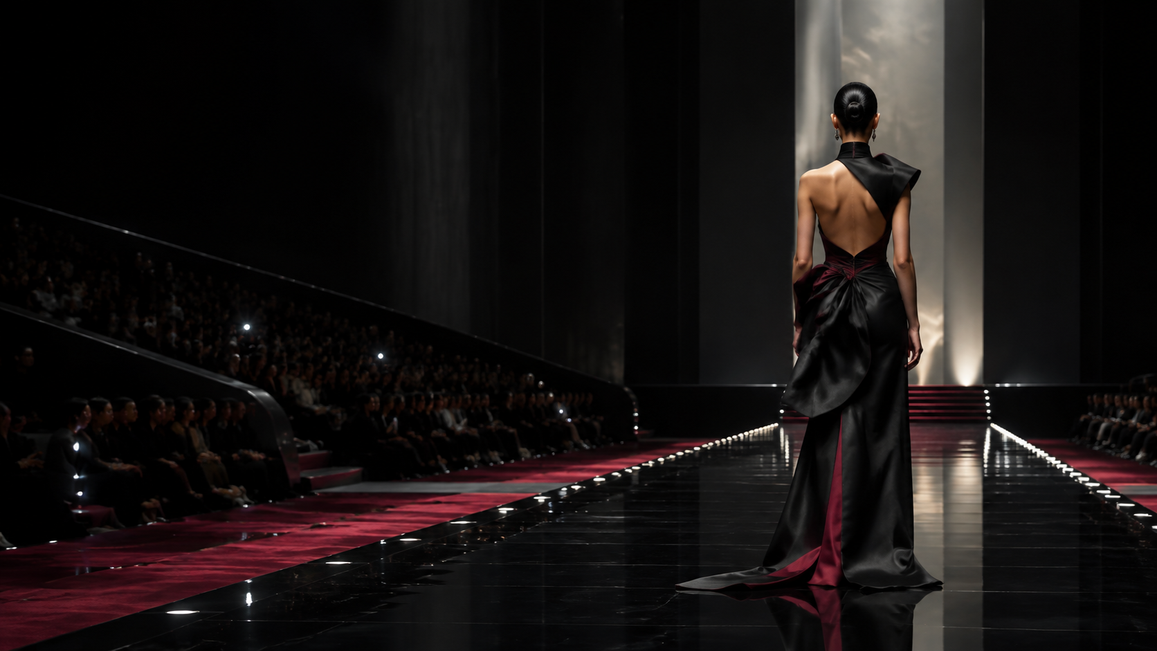 A couture figure at the end of a monumental ceremonial runway